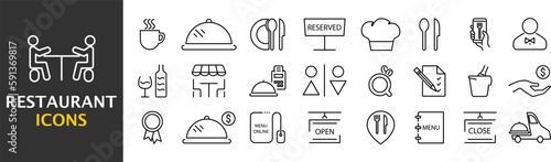 Set of outline icons of bars, public houses. Symbol collection of food, restaurant, cafe, kitchen utensils. Vector illustration. EPS 10