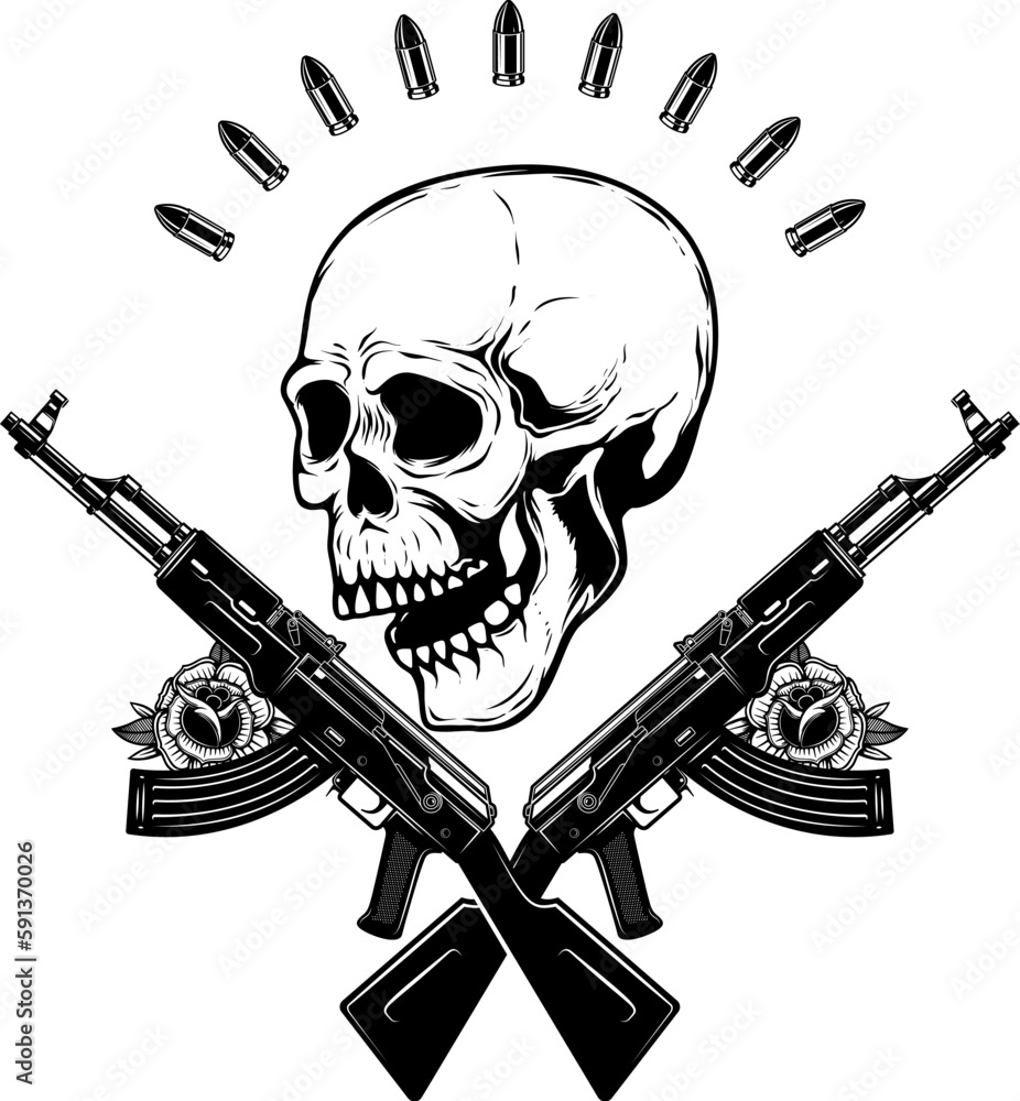 Illustration of the skull with crossed assault rifles. Design element ...