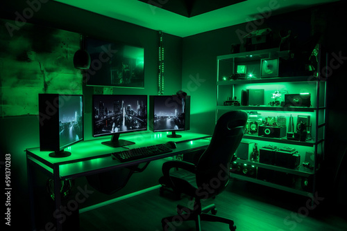 Gamers Room With Hardware And Equipment Colored In Green, Made Using Generative Ai
