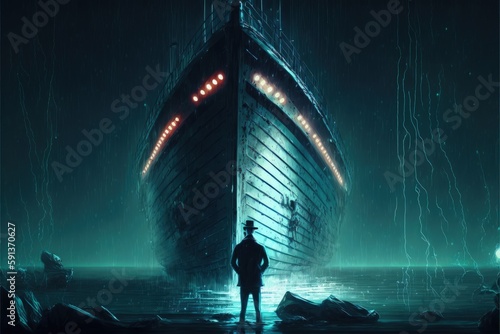 Man escaping sinking vessel during rainy night. Fantasy concept , Illustration painting. Generative AI