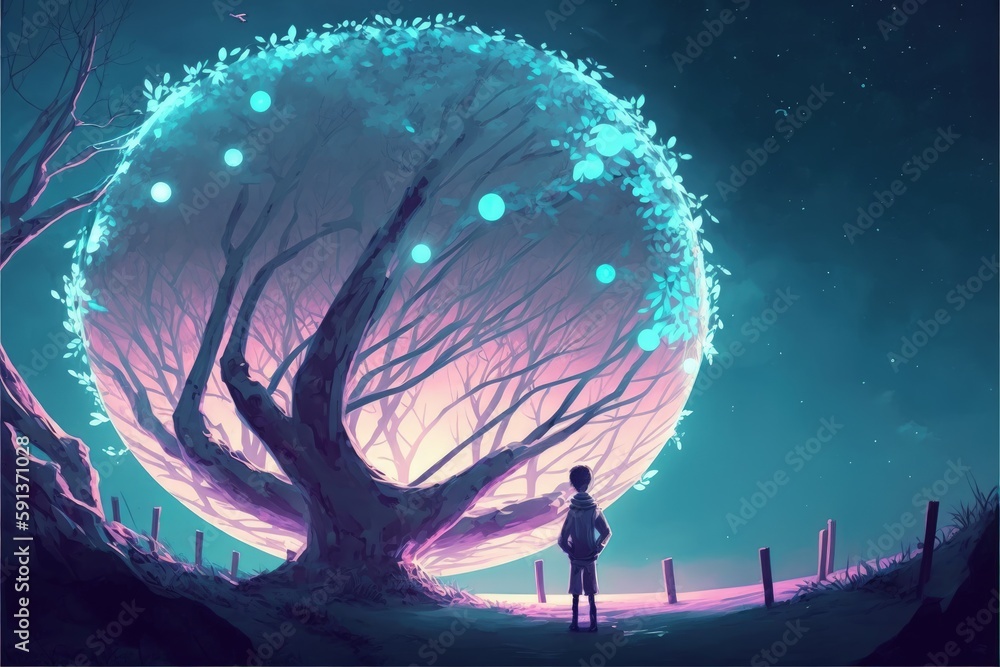Nocturnal scenery featuring boy holding illuminated orb, admiring fantasy tree. Fantasy concept , Illustration painting. Generative AI