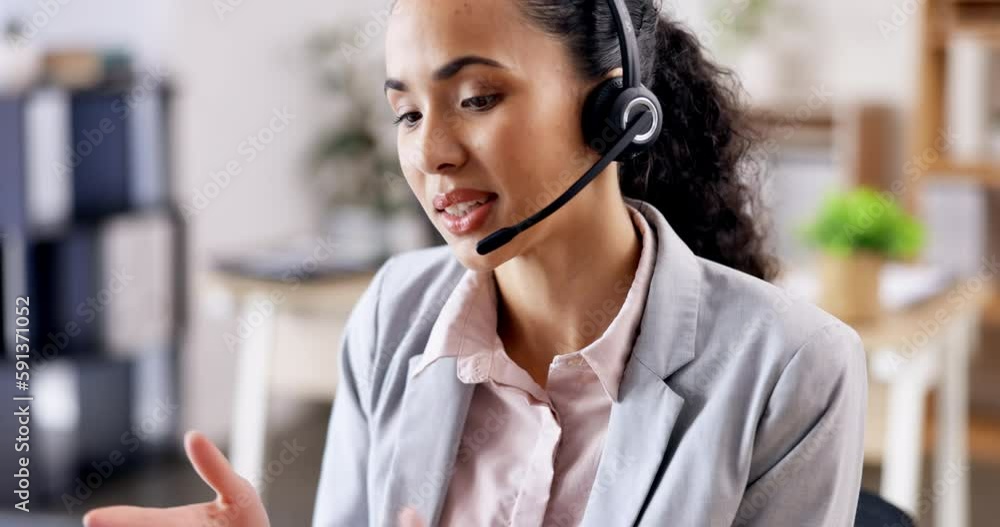 Woman at callcenter with phone call, talking and contact us, communication and headset with mic and help desk worker. CRM, customer service and female consultant with laptop, conversation and telecom
