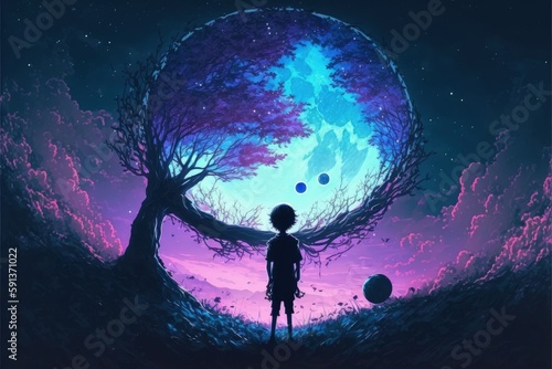 Nocturnal scenery featuring boy holding illuminated orb  admiring fantasy tree. Fantasy concept   Illustration painting. Generative AI