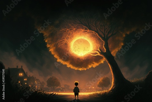 Nocturnal scenery featuring boy holding illuminated orb, admiring fantasy tree. Fantasy concept , Illustration painting. Generative AI