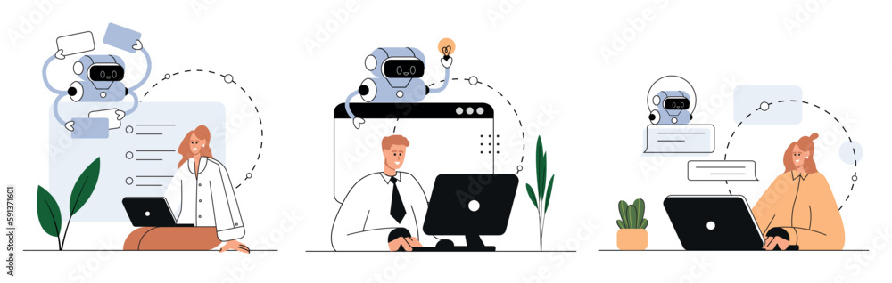 AI technology, smart chat bot set . Machine learning. Artificial intelligence, chatbot self-learning, artificial intelligence regulations. Vector flat isolated education concept illustration AI technology, smart chat bot set . Machine learning. Artificial intelligence, chatbot self-learning, artificial intelligence regulations. Vector flat isolated education concept illustration