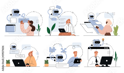 AI technology, smart chat bot set . Machine learning. Artificial intelligence, chatbot self-learning, artificial intelligence regulations. Vector flat isolated  education concept illustration