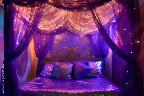magical bed with canopy in purple color