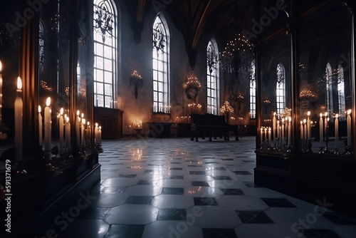 huge magical gothic hall with mirrors