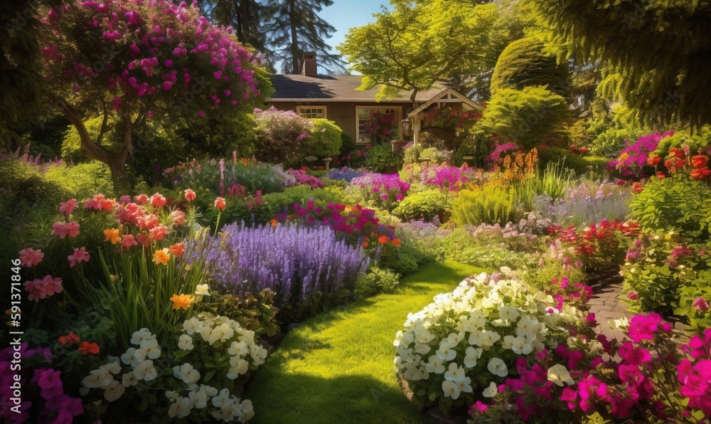 a garden filled with lots of flowers next to a house. generative ai a garden filled with lots of flowers next to a house. generative ai