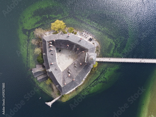 aerial view of the Schloss Ort in Gmunden at lake Traunsee in Upper Austria