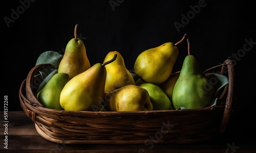  a basket of pears and pears on a table.  generative ai