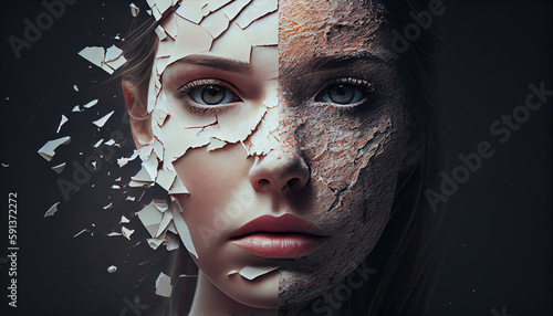 Portroit of a Young Girl Face with Face Pack Cracks AI Generative