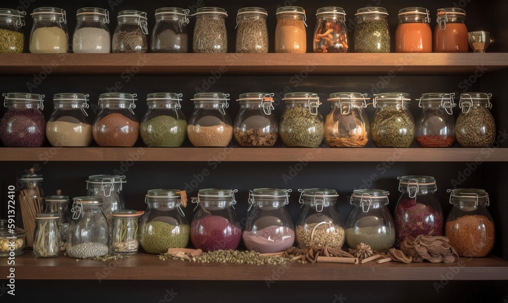  a shelf filled with lots of different types of jars and spices.  generative ai