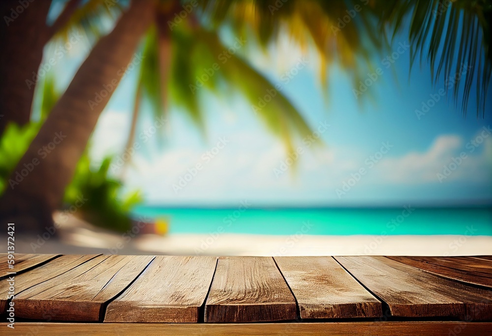 Table in front of blurred tropical beach of summer time background. Generative AI Table in front of blurred tropical beach of summer time background. Generative AI