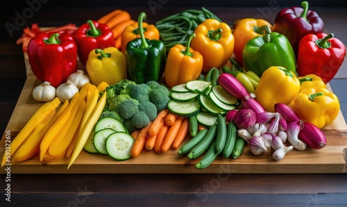  a wooden cutting board topped with lots of different types of vegetables.  generative ai