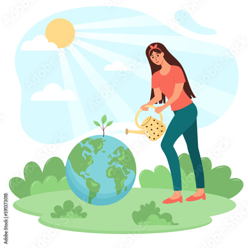 Woman watering the planet Earth from a watering can. Sprout growing from the ground and the sun shining. Problem of fresh water, environmental protection, climate change. Mother Earth Day