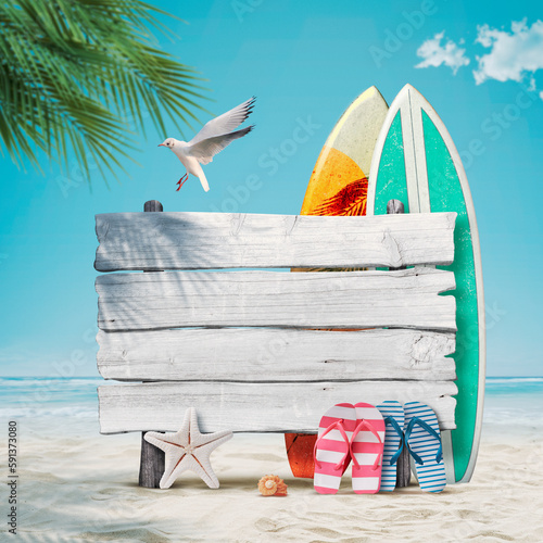 Photography Old wooden sign and beach accessories