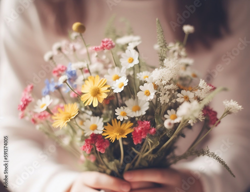 A little girl is holding a beautiful bunch of wildflowers  preparing to give them to her mother as a Mother s Day gift. Generative AI