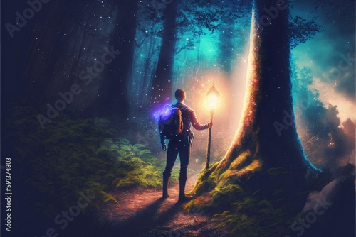 Fairy tale forest depicted in fantasy artwork showing solitary figure with lit torch. Fantasy concept , Illustration painting. Generative AI