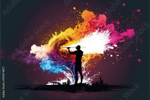 Man using enchanted brush to paint vibrant brush strokes in midair. Fantasy concept   Illustration painting. Generative AI