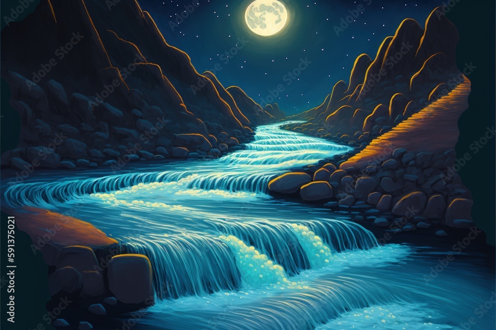 Fototapeta premium Nighttime scenery featuring liquefying moon creating luminescent river. Fantasy concept , Illustration painting. Generative AI