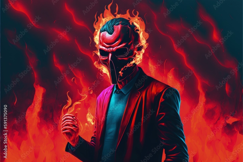 Man donning crimson mask standing with flames and fumes emanating from his chest. Fantasy concept , Illustration painting. Generative AI Man donning crimson mask standing with flames and fumes emanating from his chest. Fantasy concept , Illustration painting. Generative AI