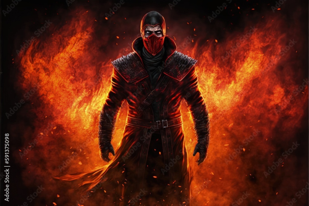 Fototapeta premium Man donning crimson mask standing with flames and fumes emanating from his chest. Fantasy concept , Illustration painting. Generative AI