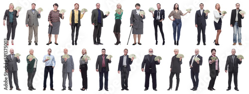 group of successful people holding money in hand