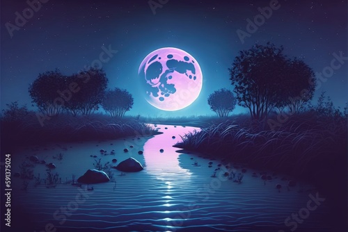 Nighttime scenery featuring liquefying moon creating luminescent river. Fantasy concept , Illustration painting. Generative AI