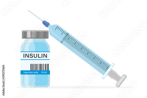 Plastic medical syringe with needle and insulin vial. Control your diabetes. Concept of vaccination, injection, diabetes.