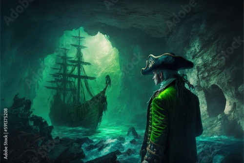 A buccaneer who discovered the deserted vessel with emerald fumes in cascade cavern. Fantasy concept   Illustration painting. Generative AI