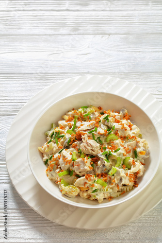 chicken salad with celery, mushrooms in bowl