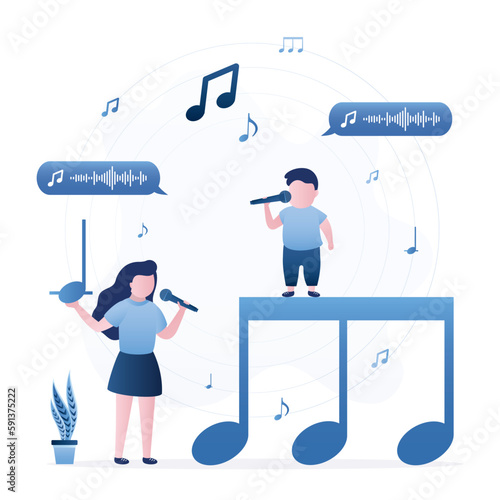 Duet of singers sing song. Children sings karaoke together. Happy friends spends fun, entertainment, weekend. Creativity, musical art. New hit on the radio or on Internet.