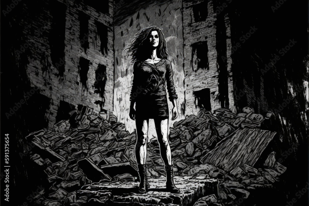 Hand-drawn illustration of girl standing in derelict city. Fantasy concept , Illustration painting. Generative AI