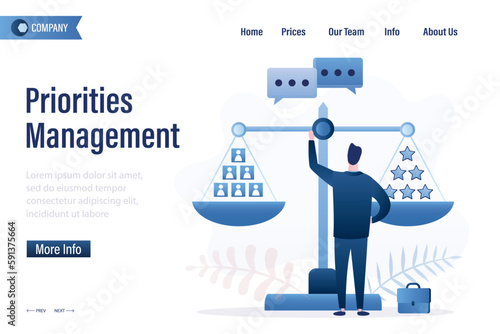 Priorities management, landing page template. Human resources manager soft skills. Business analytics using scales. HR agent competencies and professional ethic.