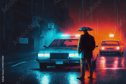 Rainy night illustration depicting thief with firearm apprehended by police car light. Fantasy concept , Illustration painting. Generative AI