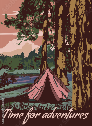 Time for Adventures poster retro, camping outdoor travel. Tourism hiking summer forest, vector illustration