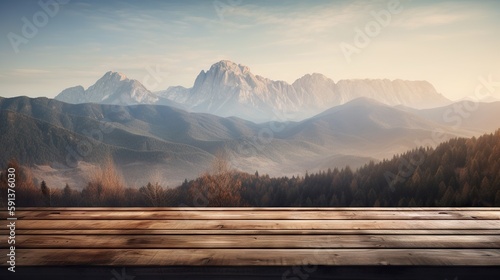 Wood table mockup with high mountains on background. Empty copy space for product presentation. Generative AI