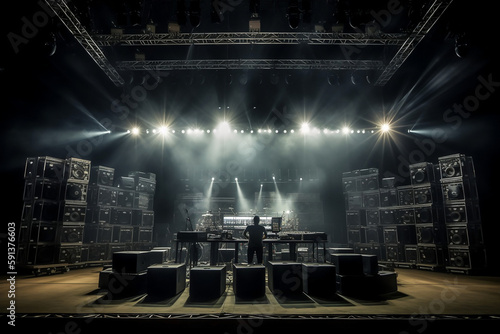 Massive Sound System With Many Reproductors Glowing On Concert Stage, Made Using Generative Ai