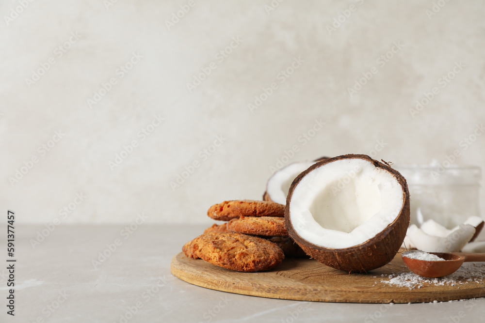 Composition with coconut and coconut powder, space for text Composition with coconut and coconut powder, space for text