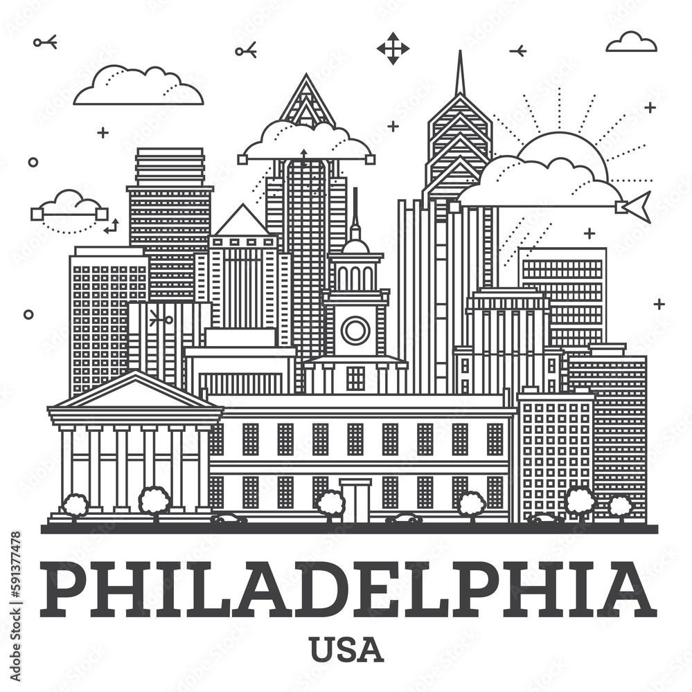 Outline Philadelphia Pennsylvania City Skyline with Modern and Historic Buildings Isolated on White. Philadelphia USA Cityscape with Landmarks.