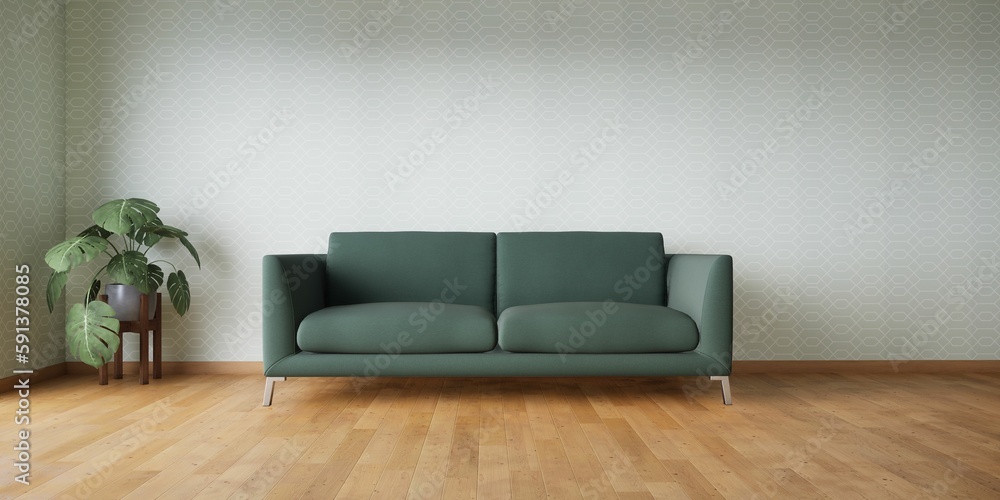 Fototapeta premium canapé vert dans une salle, avec un parquet en bois et un mur en arrière plan, illustration rendu 3d