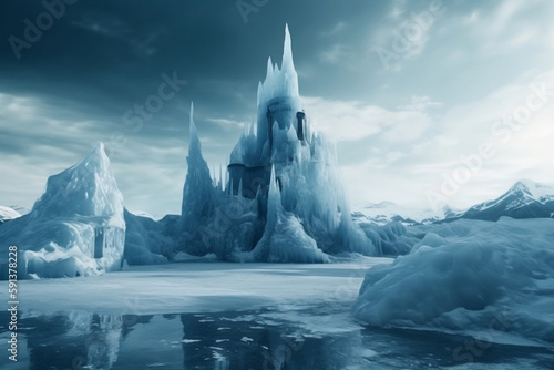 Magic Ice Castle On Iceberg At Frozen Landscape, Made Using Generative Ai © Arma