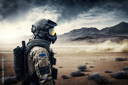 lone figure wearing a gas mask standing in a barren desert landscape. Generative AI