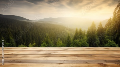 Wood table mockup with scenic green forest on background. Empty copy space for product presentation. Generative AI