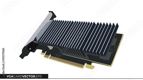 Computer Graphics Cards or VGA card in low profile mode without fan. Video card for for gaming, rendering, and mining, in trendy semi realistic vector illustration. Editable graphic resources.