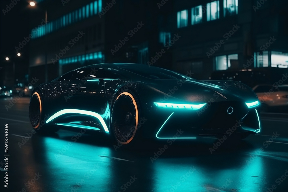 Ultra Modern Car Is Riding On City Street At Night, Made Using Generative Ai
