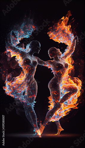 Oil Pianting Portrait of Fire Consumed Beautiful Two Young Dancing Girls AI generative