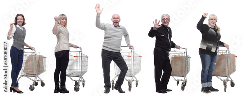 group of people with trolley greet isolated on white