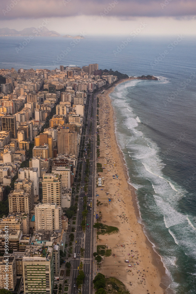Beautiful aerial view to city buildings and Ipanema Beach